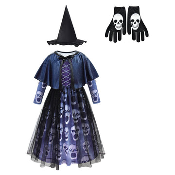 Halloween Vestido de Bruja Impresión del Cráneo Fantasma Vestido del Diablo de Fiesta para Niñas